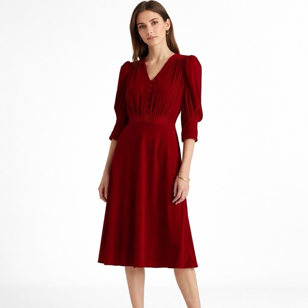 Lauren Ralph Lauren Velvet Puff Sleeve Dress Deep Red Old Money Elegant Size 8